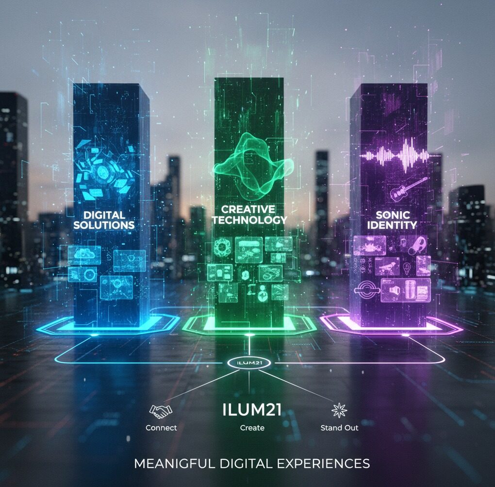 Three glowing pillars labeled Digital Solutions, Creative Technology, and Sonic Identity stand against a city skyline, with text below reading "ILUM21 MEANIGFUL DIGITAL EXPERIENCES."